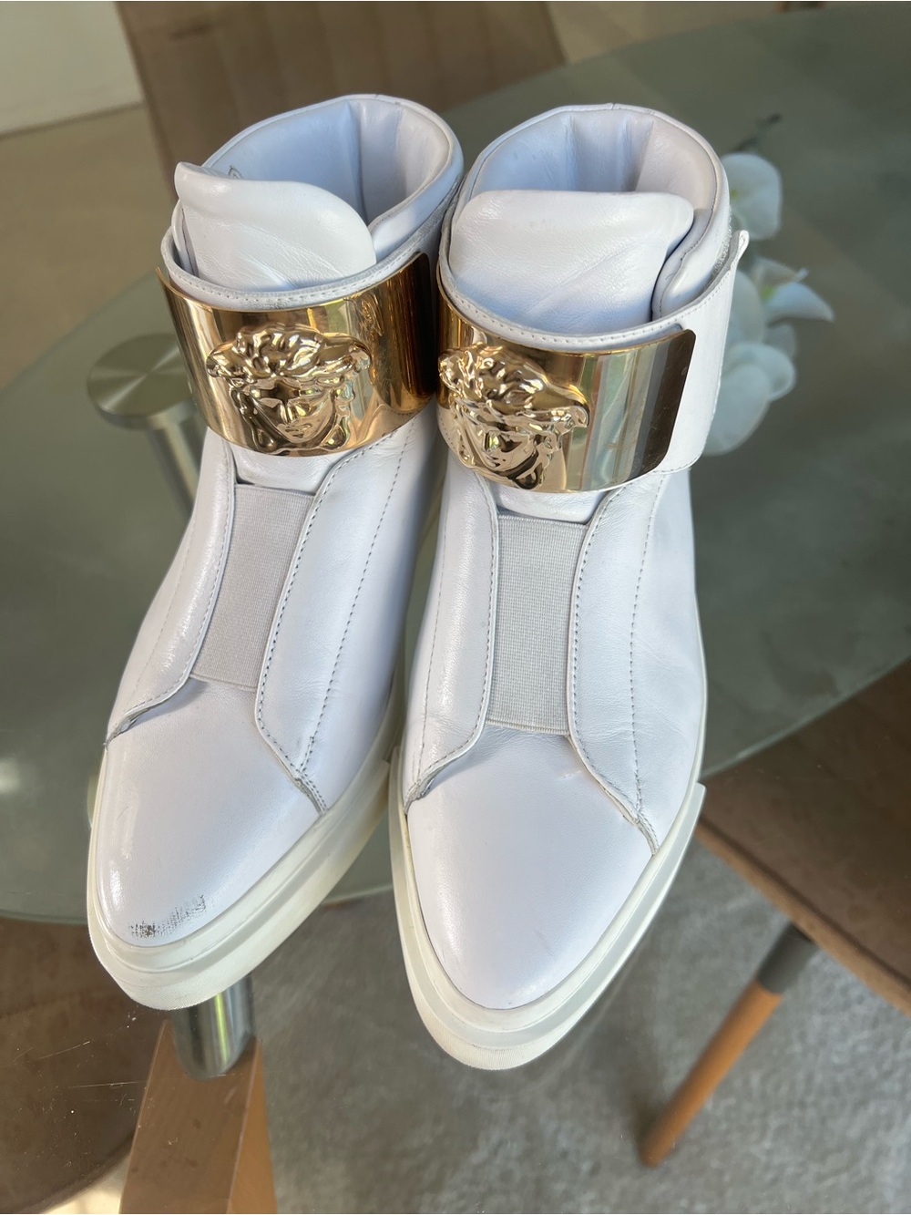 White High-Top Sneakers with Gold Medallion Strap